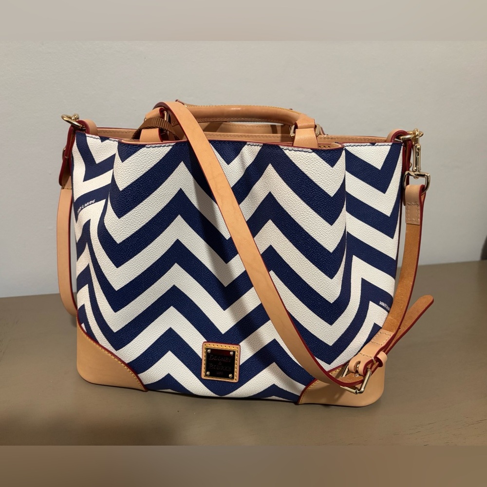 Chevron Patterned Tote Bag with Tan Accents